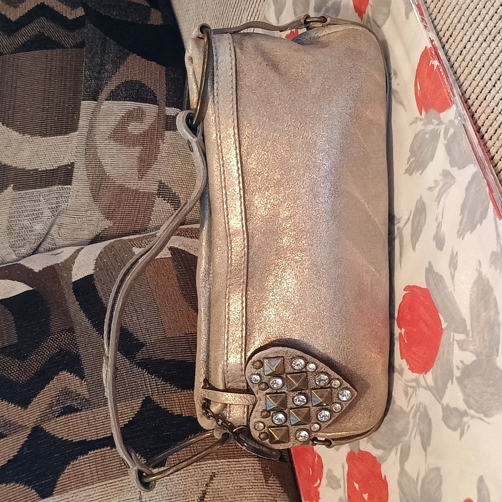 Vintage Juicy Couture Gold Leather Wristlet with Heart Charms